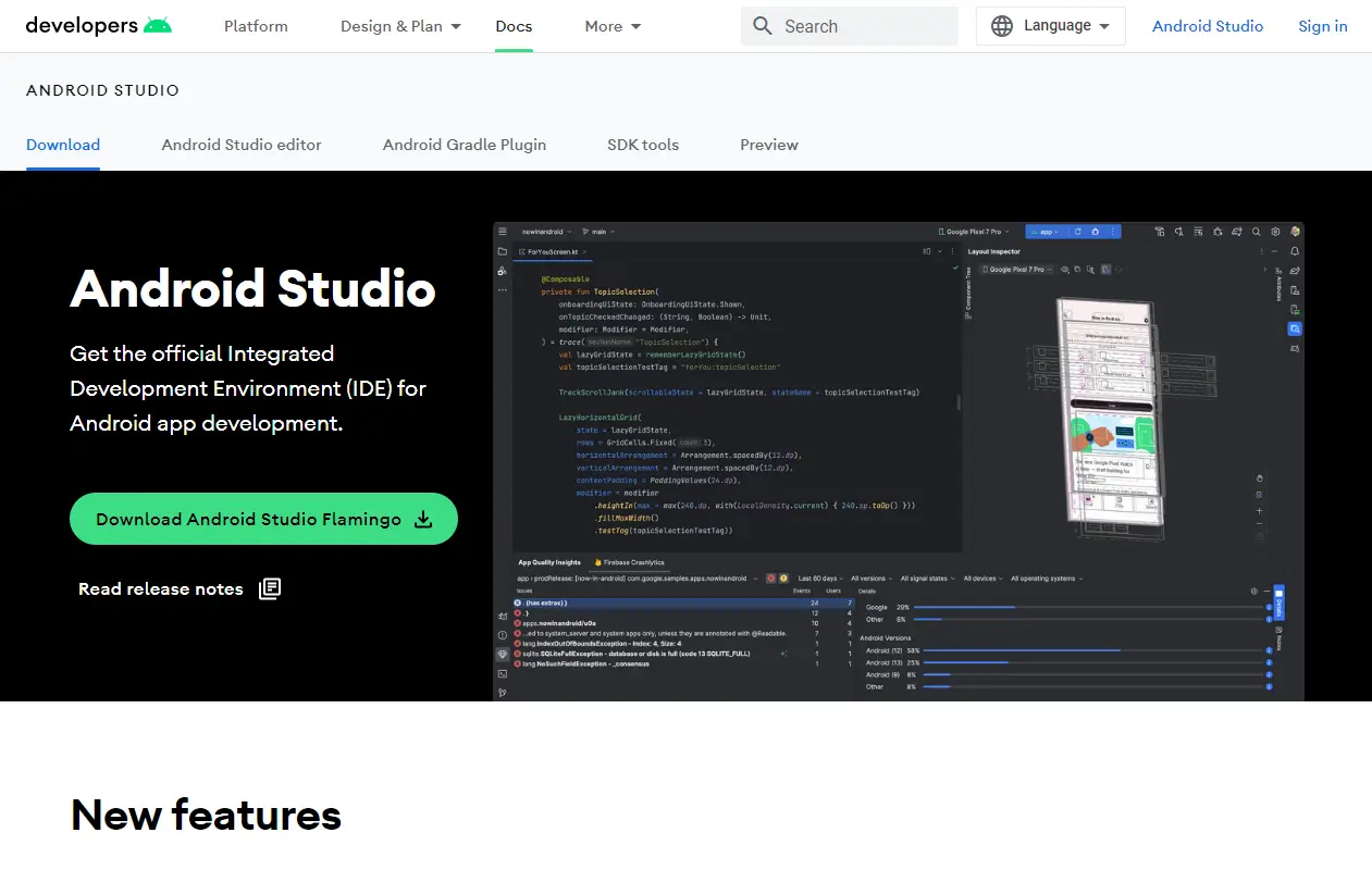 Android Studio website homepage.