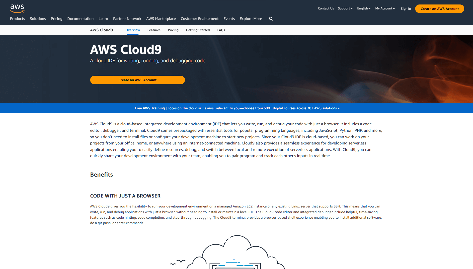 AWS's Cloud9 webpage image.