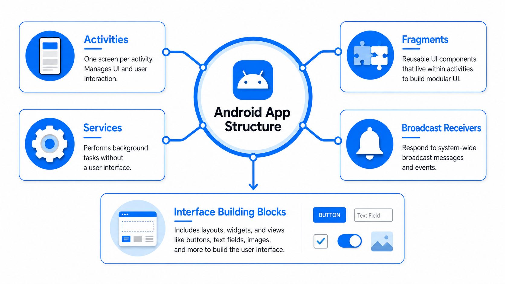 A diagram illustrating the core components of Android app structure, including activities, fragments, services, and interface building blocks.