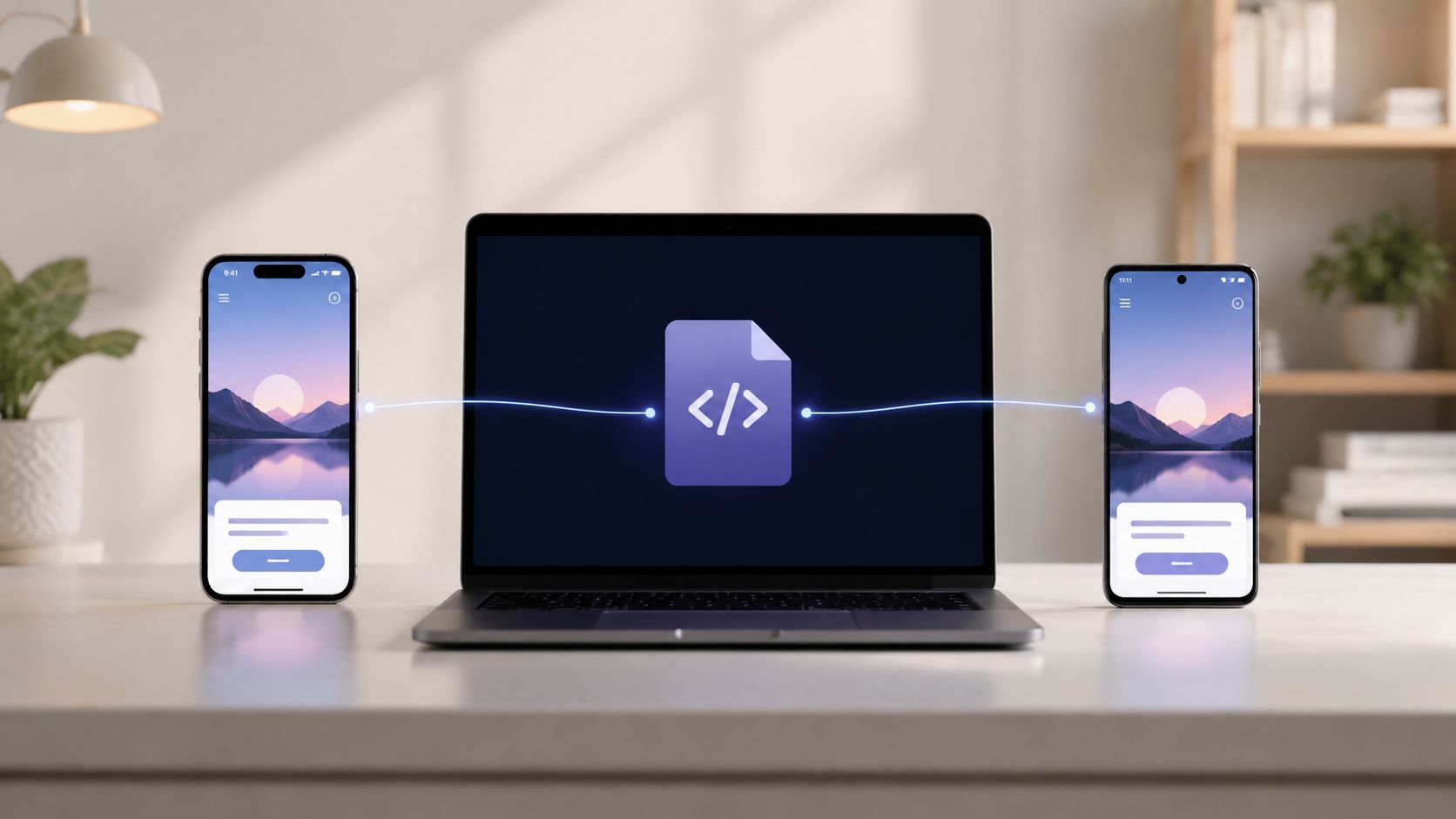 A laptop in the centre connected to two mobile phones displaying identical sunset landscape app interfaces.