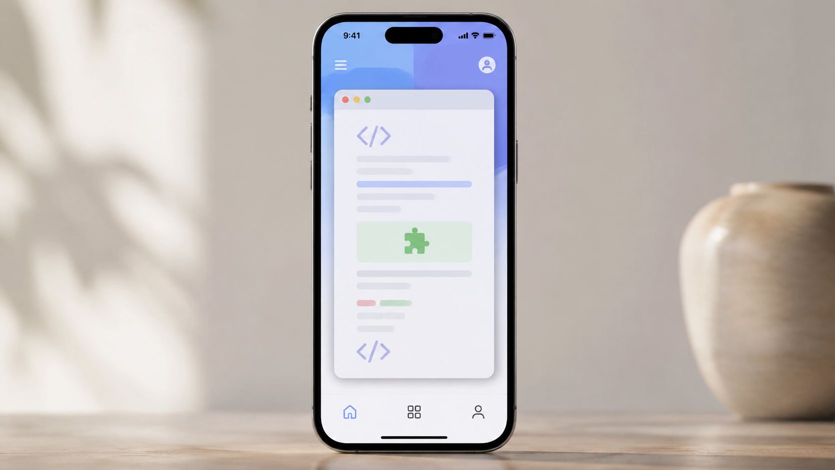 A modern smartphone displaying a sleek mobile app user interface with coding symbols and puzzle piece iconography.