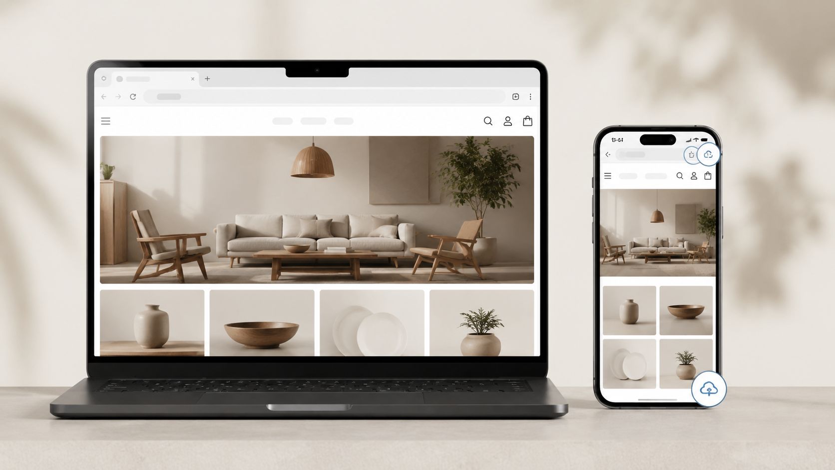 Responsive web design showing a minimalist interior furniture catalogue displayed on both a laptop and smartphone.