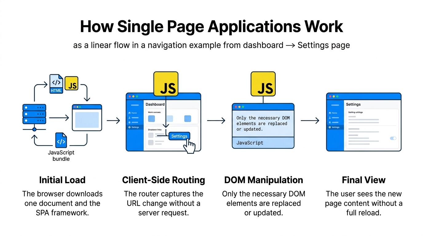 A diagram illustrating the four steps of how a single page application works including loading, routing, DOM manipulation, and final view.