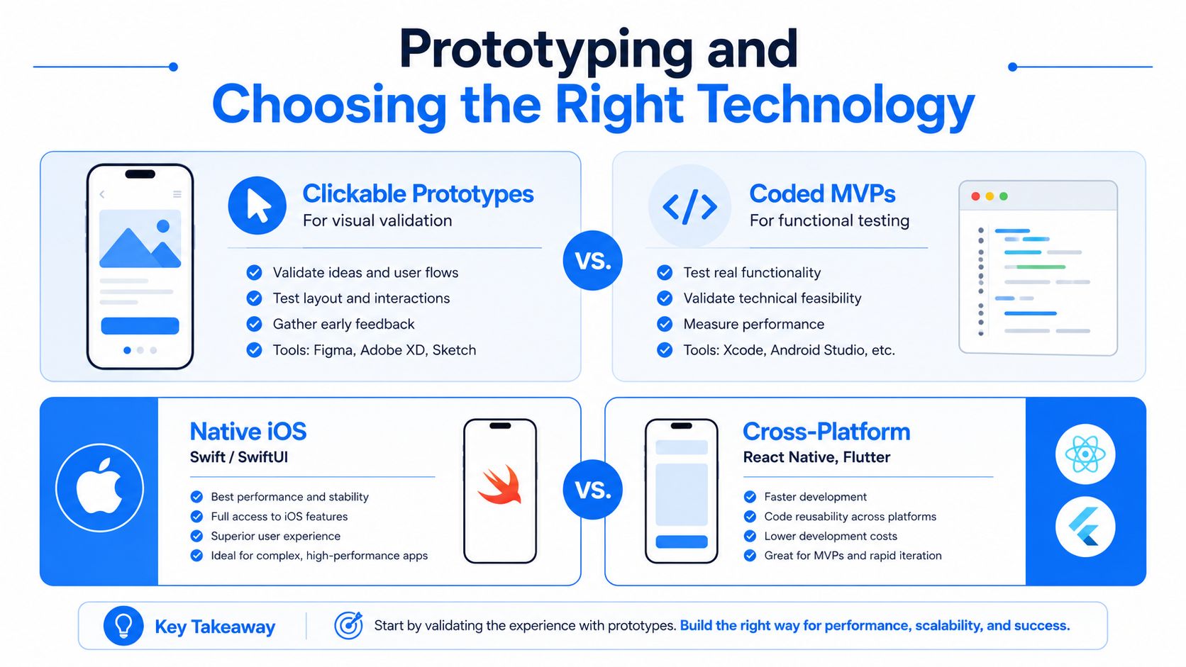 A comparison chart showing how to choose between clickable prototypes and coded MVPs for mobile app development.