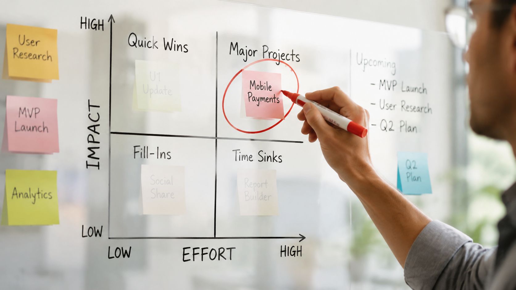 A professional organizing project tasks on an impact and effort matrix whiteboard with a red marker.