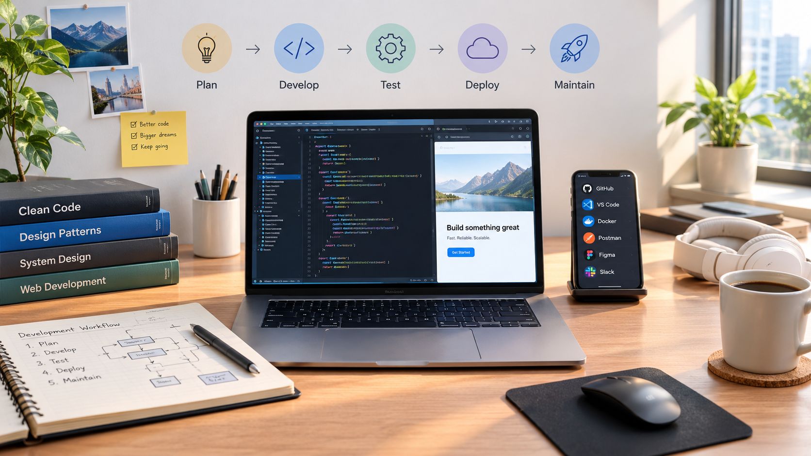 A modern software development workspace with a laptop, smartphone, coding books, and a workflow diagram.