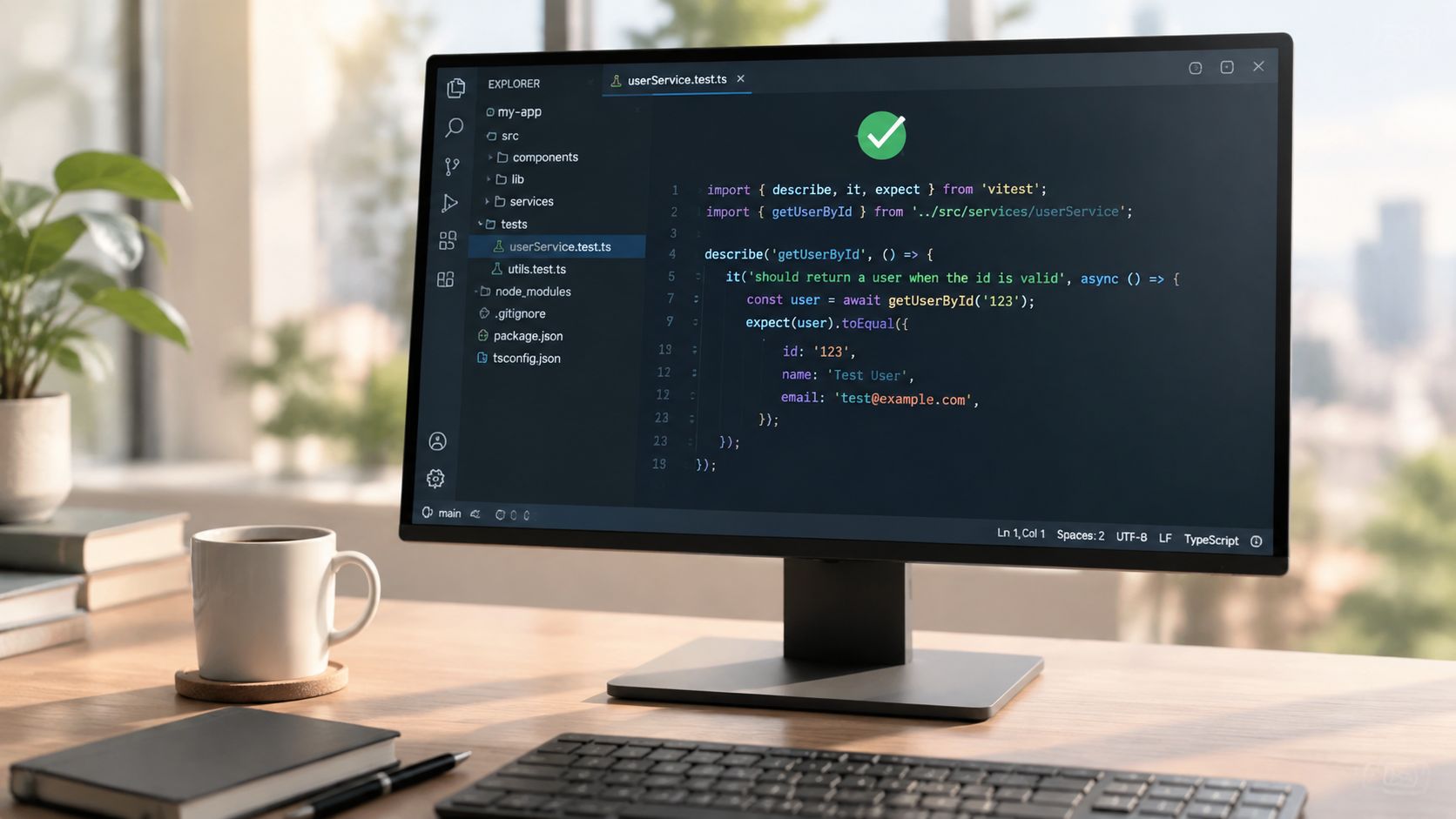 A computer monitor displaying TypeScript code for a Vitest unit test in a VS Code workspace environment.