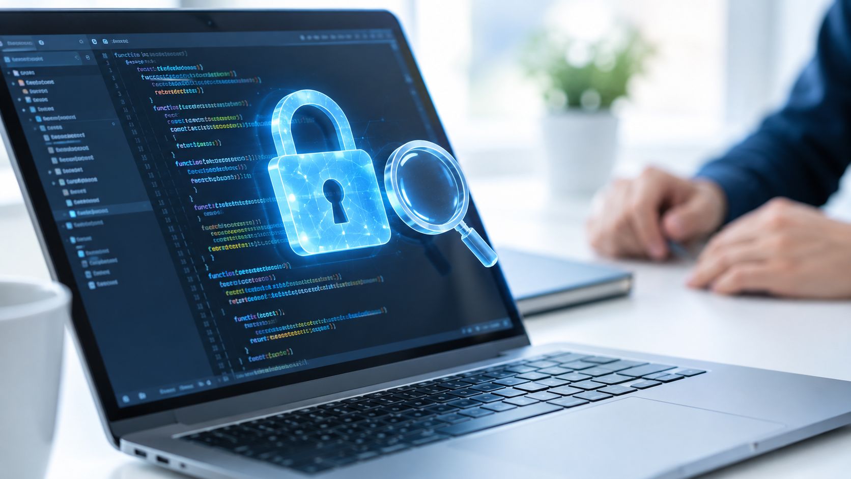 A laptop screen displaying source code with a glowing 3D security lock and magnifying glass icon.