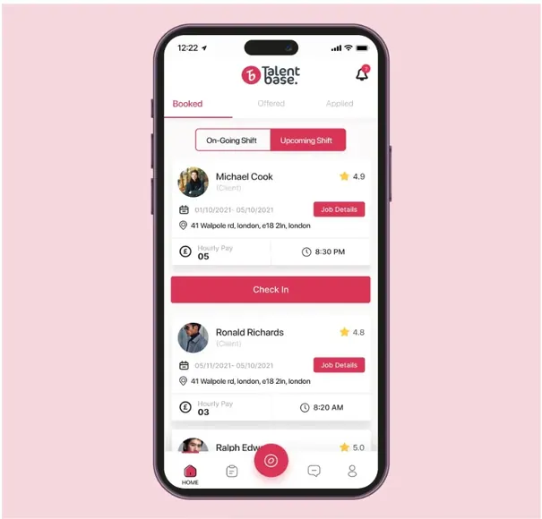 Talentbase chef app listing booked shifts with the client, address, hourly pay and a Check In button