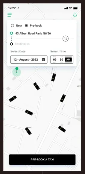 Unify London Taxis pre-book screen with Now and Pre-book options, pick-up time and a map of nearby black taxis